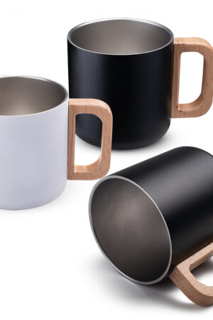Caneca térmica com alça em madeira