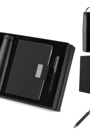 Kit escritório Caderno, Garrafa e Caneta Metalica